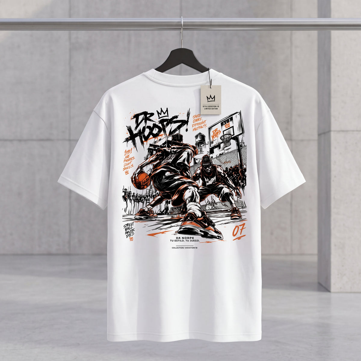 A white short-sleeve t-shirt hanging on a black hanger against a gray concrete wall. The shirt features a large, detailed back graphic in black and orange depicting a basketball player dribbling, with 'Dr.